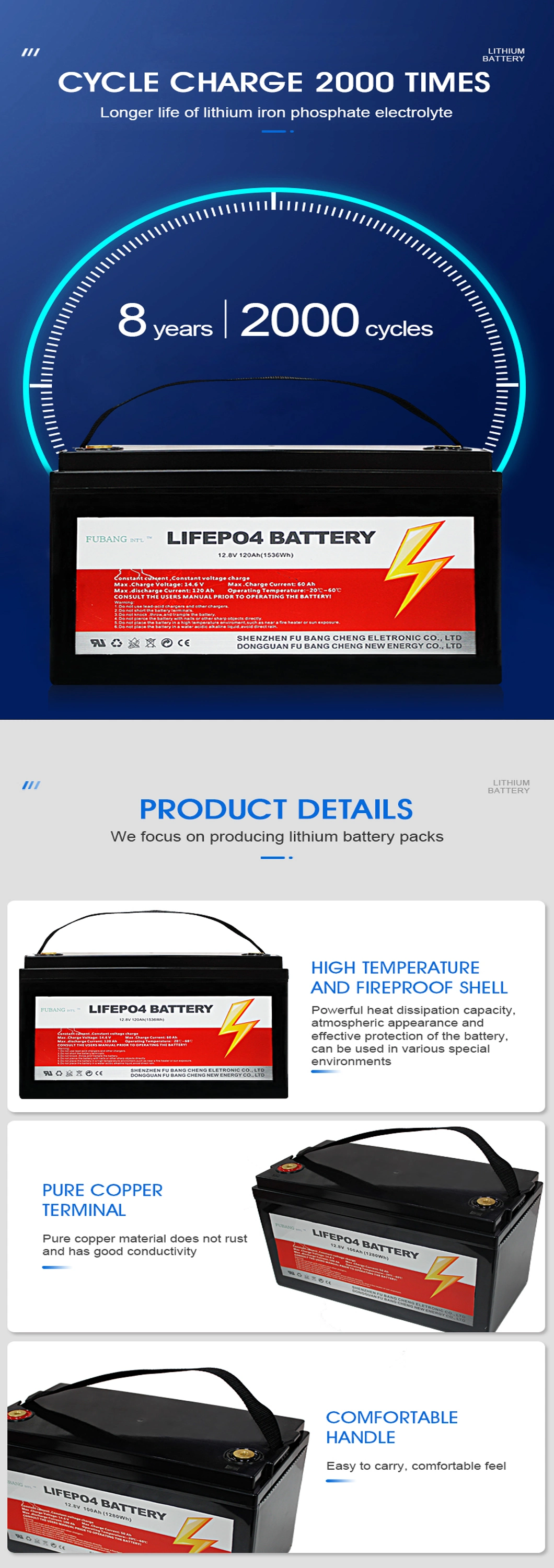 2000 Cycles Rechargeable LiFePO4 Battery Pack 12V100ah Energy Storage
